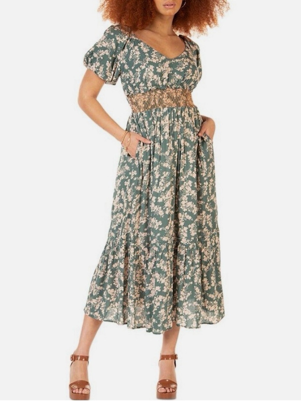 NWT Black Tape Floral Smocked Midi Dress Puff Sleeve Teal Cream Size X